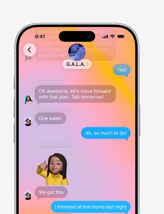 iPhone screen open to Messages app. Screen shows text conversation between two people that includes a Memoji.