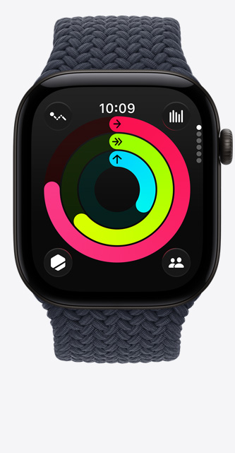 ساعة Apple&nbsp;Watch&nbsp;Series&nbsp;12، إطار ألومنيوم، لون أسود، حلقات النشاط: الحركة، التمرين، الوقوف، التاج الرقمي، حزام Loop أحادي مَجدول، لون كحلي