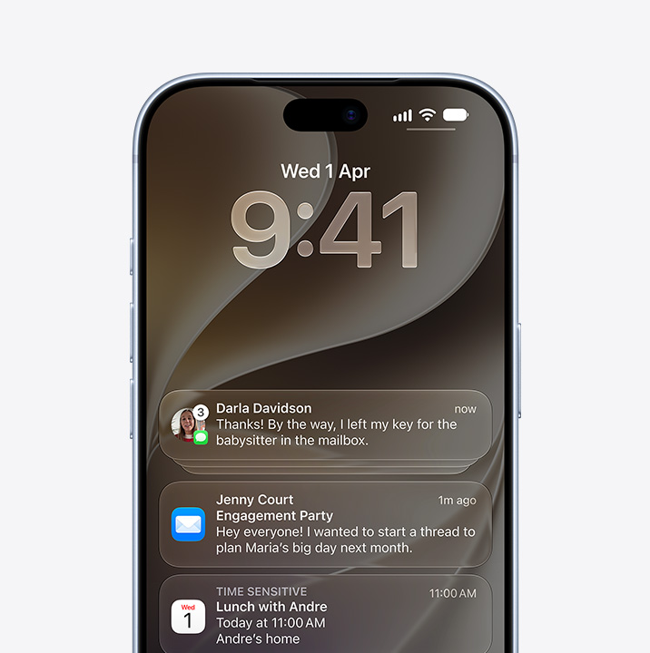 iPhone 18 Pro 機身正面，鎖定畫面顯示訊息、郵件和日曆 app 通知