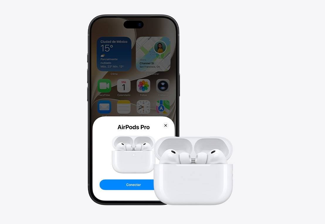 iPhone 18 Pro, parte frontal, pantalla de inicio abierta, aviso de conexión en pantalla, junto a unos AirPods Pro 3 en un estuche de carga MagSafe abierto