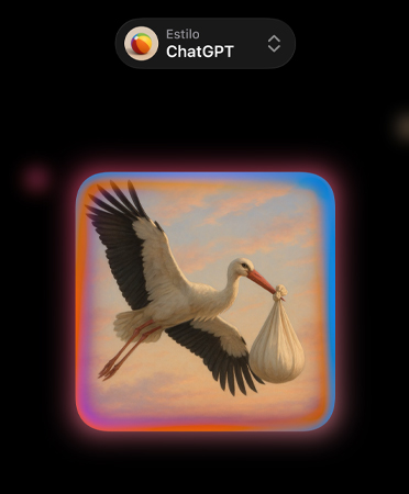 Image Playground con un menú desplegable en la parte superior que dice Estilo: ChatGPT, imagen de una cigüeña que lleva una bolsa con un bebé dentro