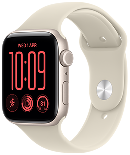 Apple Watch SE 3, aluminium case, starlight colour, right side exterior, Digital Crown dial, microphone, side button, connected to Sport Band, sand colour (pale tan), pin-and-tuck closure (silver pin)