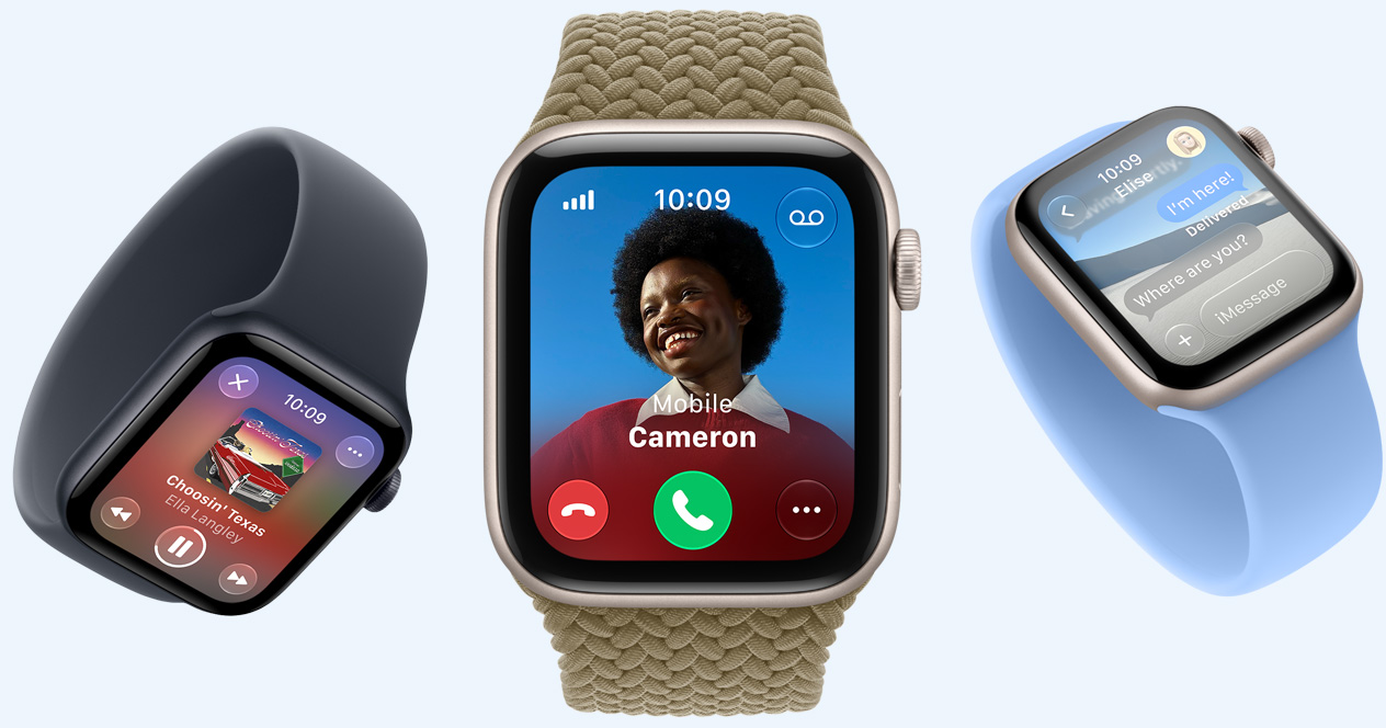 Apple Watch SE 3 devices, screens show Apple Music, incoming call, Messages, aluminium cases, starlight and midnight colours, bands: Solo Loop, navy blue, wildflower blue colours, Braided Solo Loop, olive colour (earthy green)