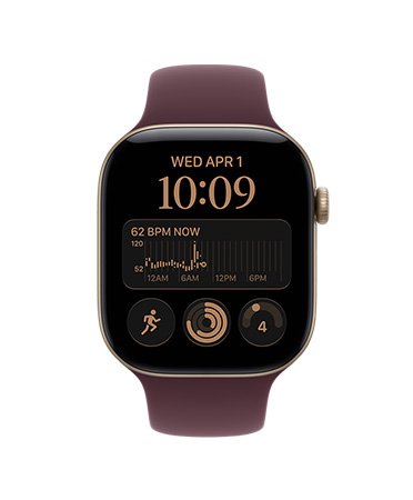 Apple Watch Series 12, screen shows heart rate app, health and fitness icons, aluminum case, light gold color, connected to Sport Band, burgundy color