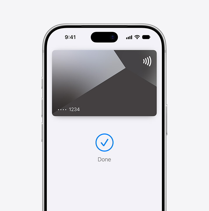 Partial iPhone screen display, showing a credit card being used in Apple Pay