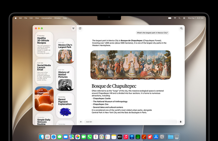 Widoczny od przodu iPad Pro 11 cali w kolorze gwiezdnej czerni, na ekranie widać aplikację Siri z otwartą rozmową z Siri AI oraz poprzednie konwersacje widoczne na pasku bocznym.