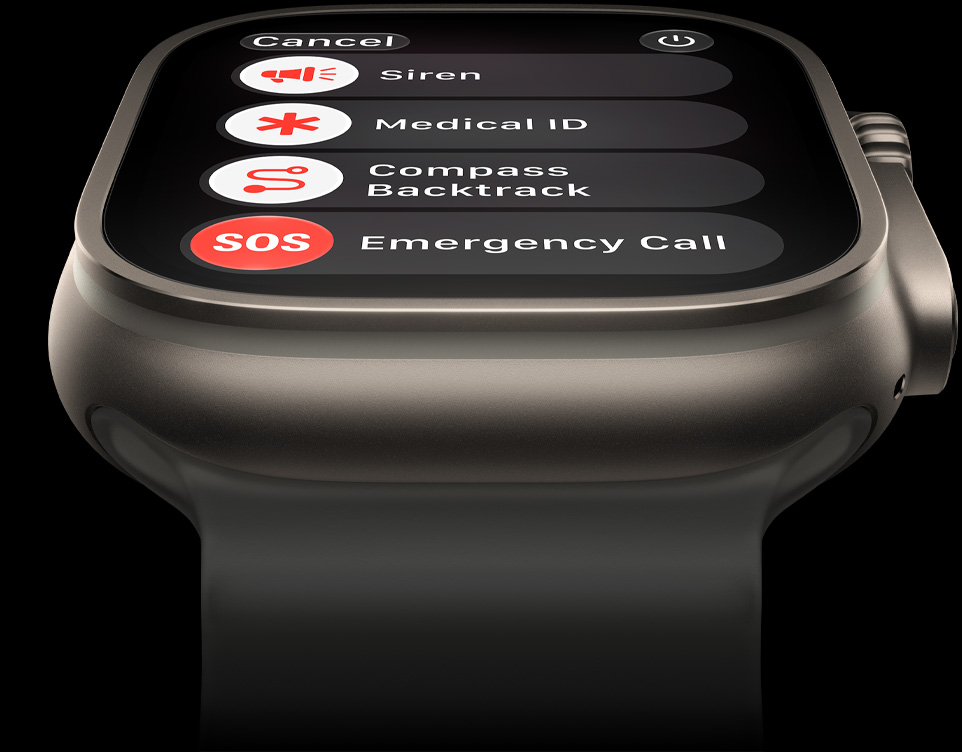 Apple Watch Ultra 4 z kopertą z tytanu w kolorze czarnym, połączenie satelitarne, pasek Ocean w kolorze półprzezroczystej szarości