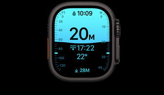 Apple Watch Ultra 4 z kopertą z tytanu w kolorze czarnym, apka Głębokość pokazująca parametry nurkowania, prawa strona obudowy, pokrętło Digital Crown, wystający przycisk boczny