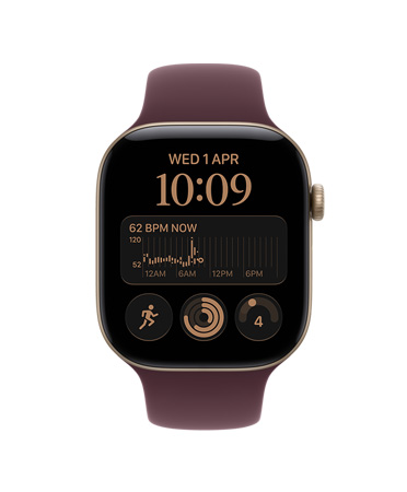 Apple Watch Series 12 z kopertą z aluminium w kolorze jasnego złota, pasek sportowy w kolorze burgunda, aplikacja Tętno, średnia wartość HRV 72 ms