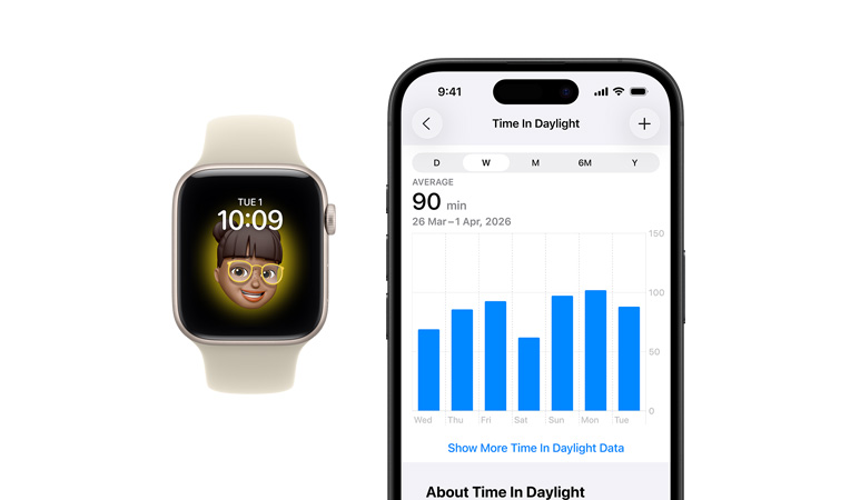 Apple Watch SE 3 z aluminiową kopertą w kolorze księżycowej poświaty i tarczą Memoji, iPhone z otwartą kartą Udostępnianie danych zdrowotnych pokazującą czas spędzony w świetle dziennym