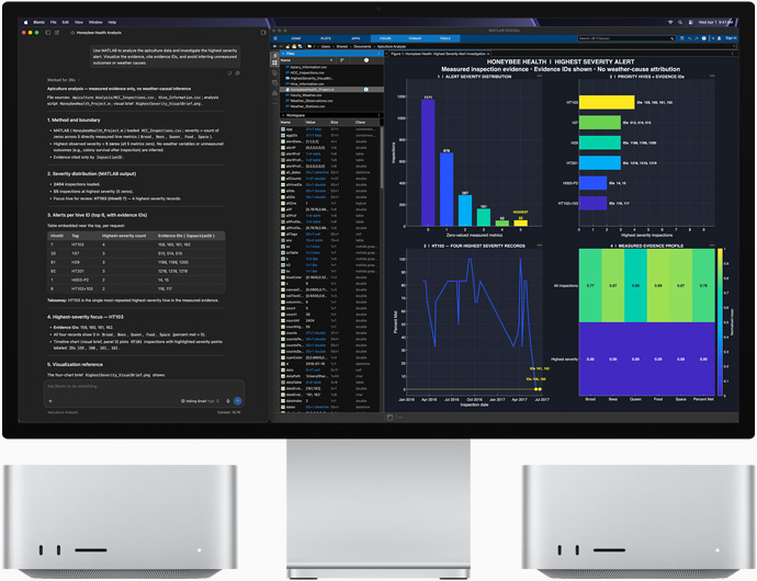 Studio Display XDR, na ekranie widać dane o zdrowiu pszczoły w apkach LM Studio Bionic i MATLAB, Mac Studio, widok z przodu