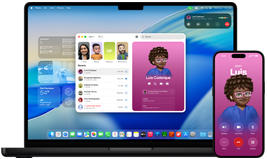 MacBook Pro și iPhone 16 Plus, aplicația Telefon deschisă, același contact afișat pe ambele ecrane