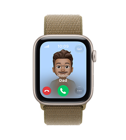 Apple Watch SE 3, aluminium case, starlight colour, screen shows incoming call from dad, right side exterior, Digital Crown dial, Sport Loop strap, olive colour (earthy green)