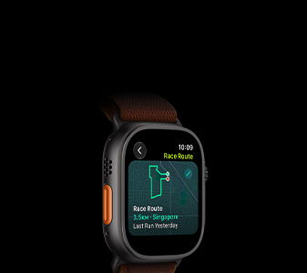 Apple Watch Ultra 4, titanium case, black color, Race Route feature with a map of a running route, left side exterior, Action button, Alpine Loop strap, burgundy colour