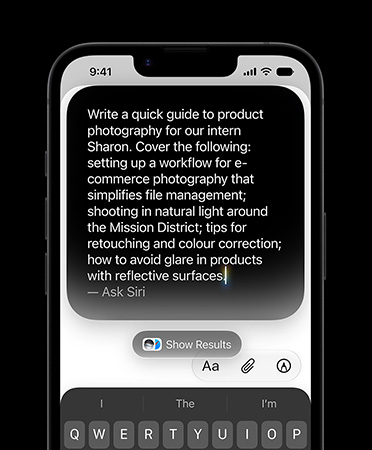 iPhone 17e, showing detailed typed prompt for Write with Siri to create a draft