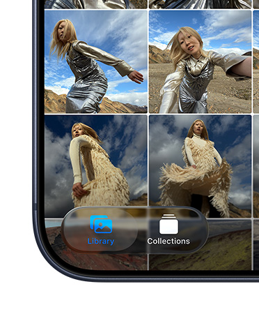 iPhone, bottom left of screen showing Photos app tile displaying Library and Collections tabs within the new Liquid Glass design