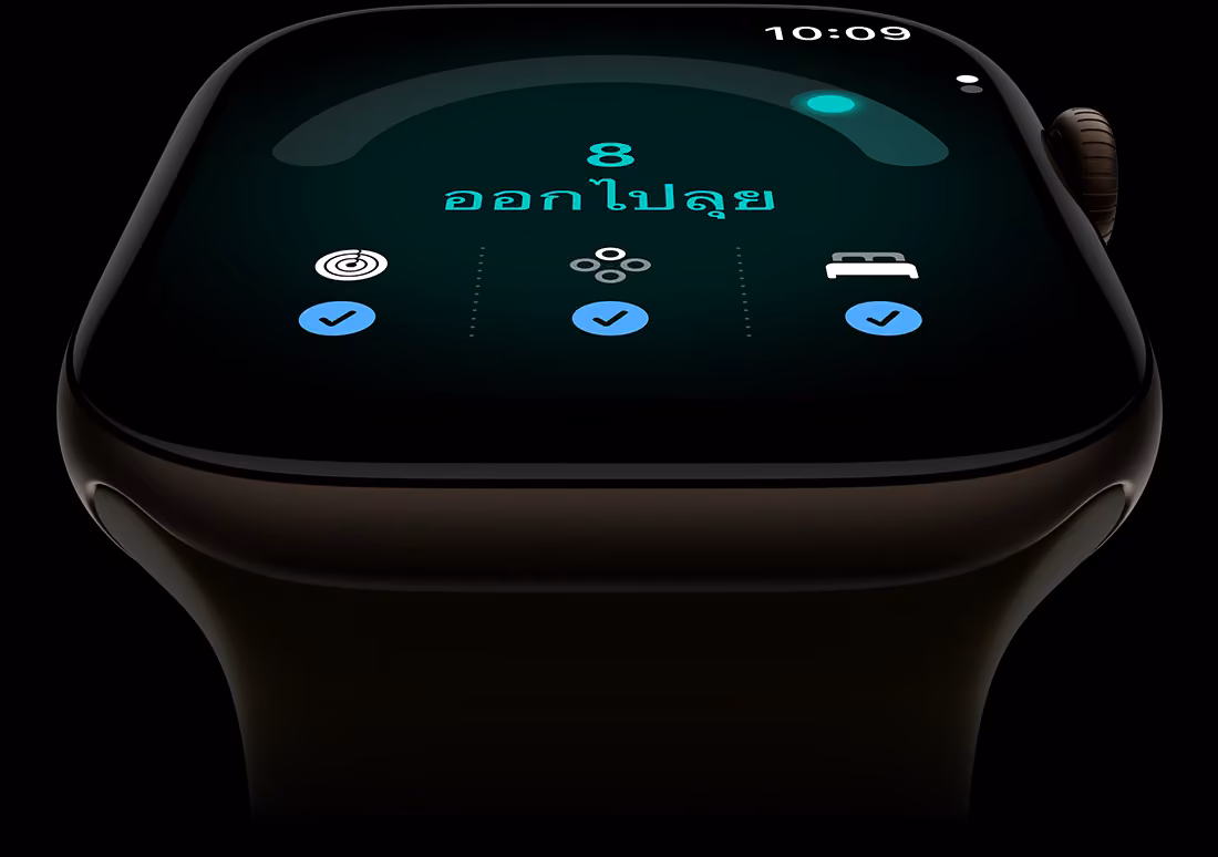 Apple Watch Series 12, ตัวเรือนอะลูมิเนียม, สีบรอนซ์เข้ม, คะแนนความพร้อมอยู่ที่ 8, ภายนอกด้านขวา, Digital Crown, สายแบบ Sport Band, สีเขียวมะกอก