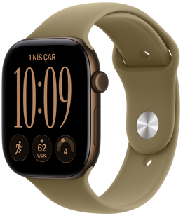 Apple Watch Series 12, alüminyum kasa, koyu bronz renk, sağ dış görünüm, Digital Crown, mikrofon, yan düğme, Spor Kordon’a takılı, klasik zeytin yeşili renk (toprak yeşili), pim mekanizma (gümüş rengi pim)