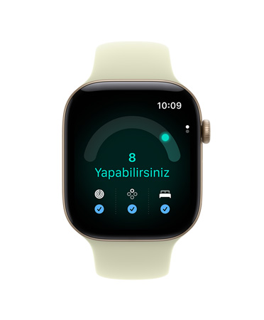 Apple Watch Series 12, alüminyum kasa, uçuk altın rengi, Hazır Olma uygulamasında hazır olma skoru 8, Spor Kordon, uçuk sukulent renk (açık sarı-yeşil)