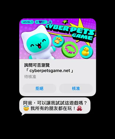 螢幕顯示包含 cyberpetsgame.net 截圖的文字訊息，圖片下方有拒絕和核准按鈕，訊息文字寫著阿爸，可以讓我試試這遊戲嗎？我所有的朋友都在玩