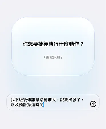 螢幕顯示 Siri AI 與使用者關於捷徑用途的問答，文字顯示：你想要捷徑執行什麼動作？使用者回覆：我下班後傳訊息給劉淮大，說我出發了，以及預計抵達時間