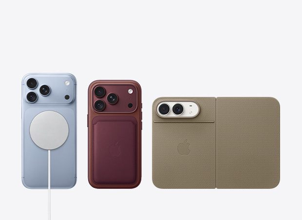 新款 iPhone 機型並排展示 MagSafe 充電器、MagSafe 精細織紋卡套、帶支架的雙面夾等配件