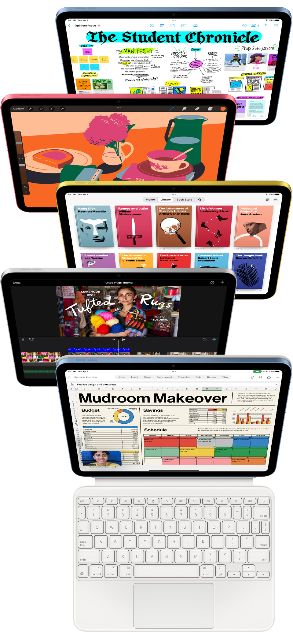 На екранах iPad відображаються різноманітні додатки, зокрема Freeform, ProCreate, Apple Books, iMovie та Excel із Webex Meetings.