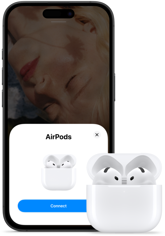 An open charging case with AirPods 5 inside, next to an iPhone showing that AirPods 5 have been connected.