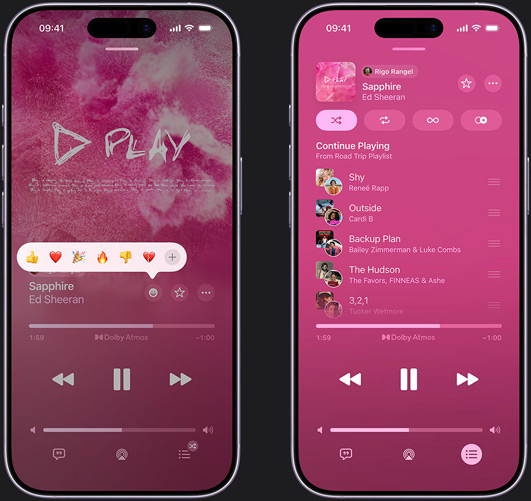 iPhone on left showing “Sapphire” by Ed Sheeran playing on iPhone screen with reaction emoji prompt showing options to thumbs up, heart, celebrate, thumbs down or add another reaction. iPhone on right showing collaborative playlist called Road Trip Playlist with multiple songs added by other contributors