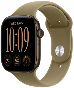 Apple Watch Series 12, aluminum case, dark bronze color, right side exterior, Digital Crown dial, microphone, side button, connected to Sport Band, olive color (earthy green), pin-and-tuck closure (silver pin)
