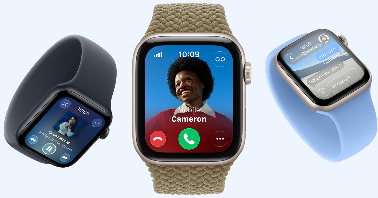 Apple Watch SE 3 devices, screens show Apple Music, incoming call, Messages, aluminum cases, starlight and midnight colors, bands: Solo Loop, navy blue, wildflower blue colors, Braided Solo Loop, olive color (earthy green)