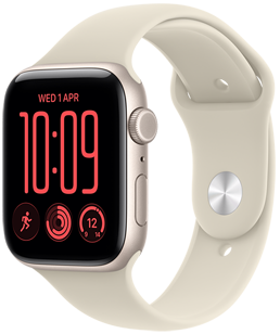 Apple Watch SE 3, aluminium case, starlight colour, Modular watch face, complications: day and date, Workouts, Activity rings, temperature, right side exterior, Digital Crown, side button, Sport Band, sand colour