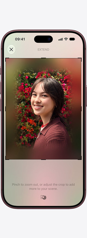 iPhone 18 Pro, front exterior, Spatial Reframing being used to reframe a close-up photo of a person with red roses behind her