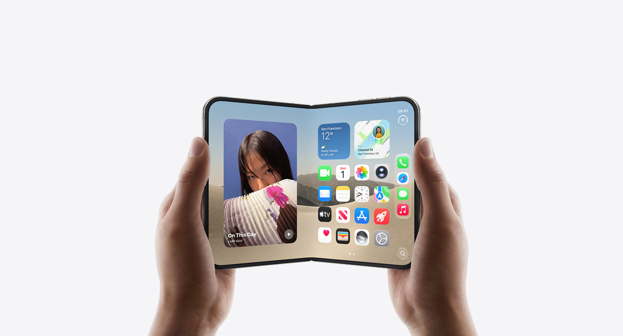 iPhone Duo, held by two hands in open landscape position, inside exterior, Star White color, iOS home screen display, photos on the left, apps on the right