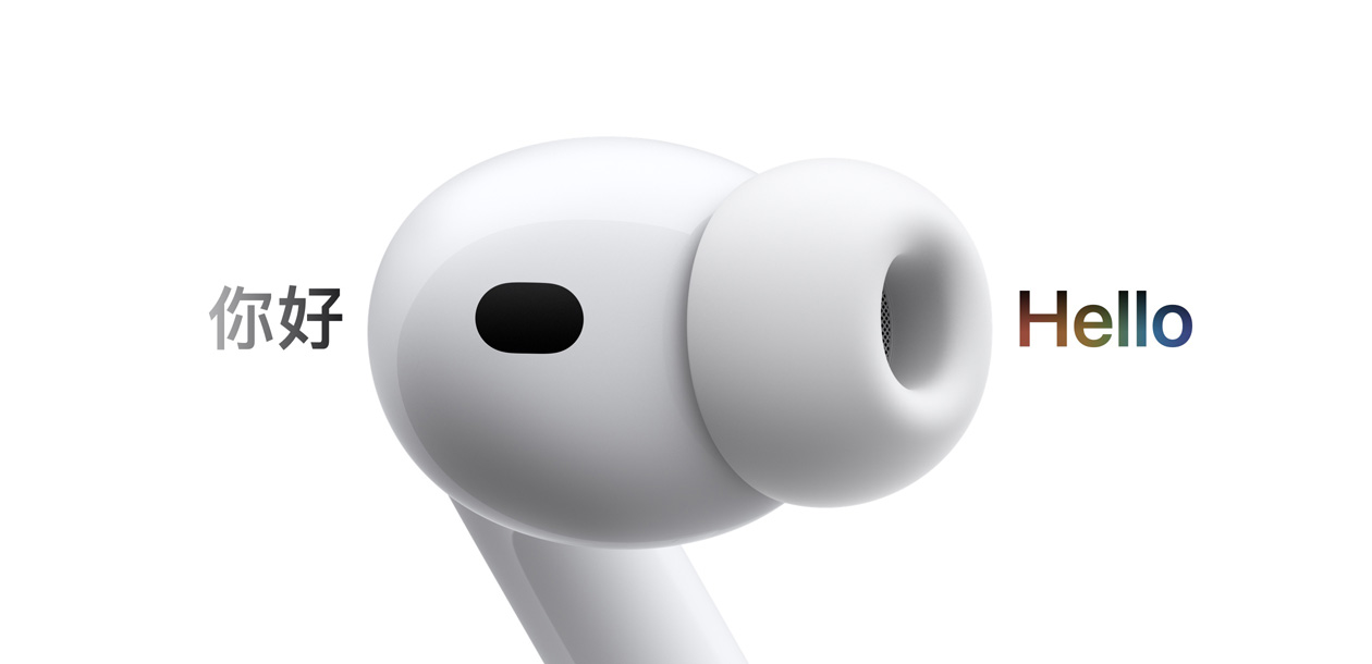 AirPods Pro 3, earbud with silicone tip, Live Translation changes Chinese characters reading 'hello' to English text reads: hello
