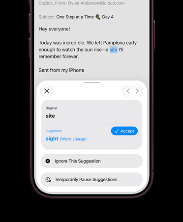 iPhone 18 Pro, Burgundy, screen shows Siri AI proofreading an email in the Mail app