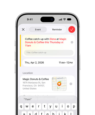 iPhone 18 Pro, Silver, screen showing Apple Intelligence creating a Calendar event based off description provided by user