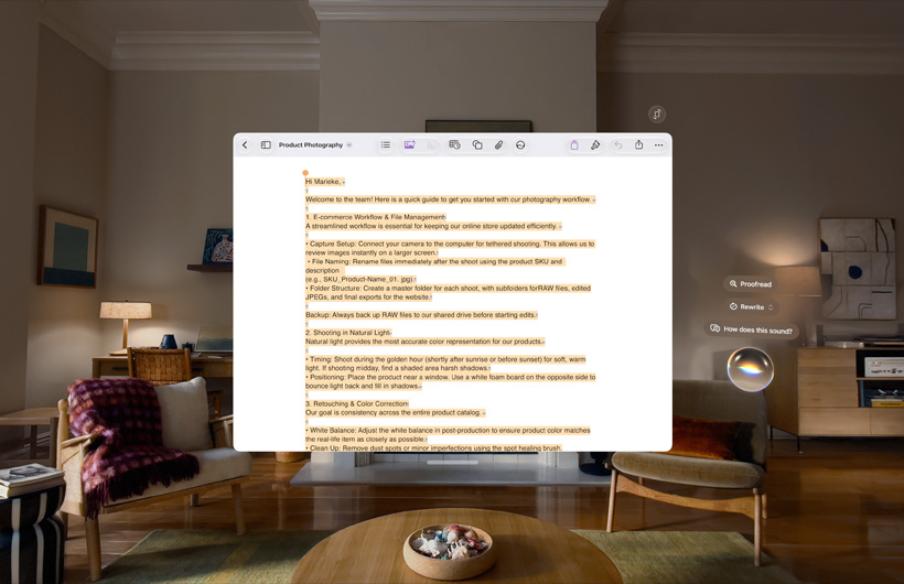 An email written in the Mail app of Apple Vision Pro with Apple Intelligence Writing Tools being used to examine email language