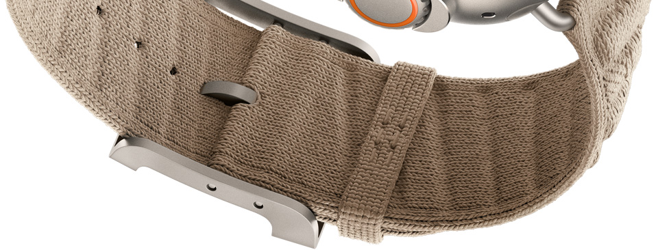 Apple Watch Hermès Ultra 4 En Mer band, Argile color (tan), underside of clasp detail, textured knit material