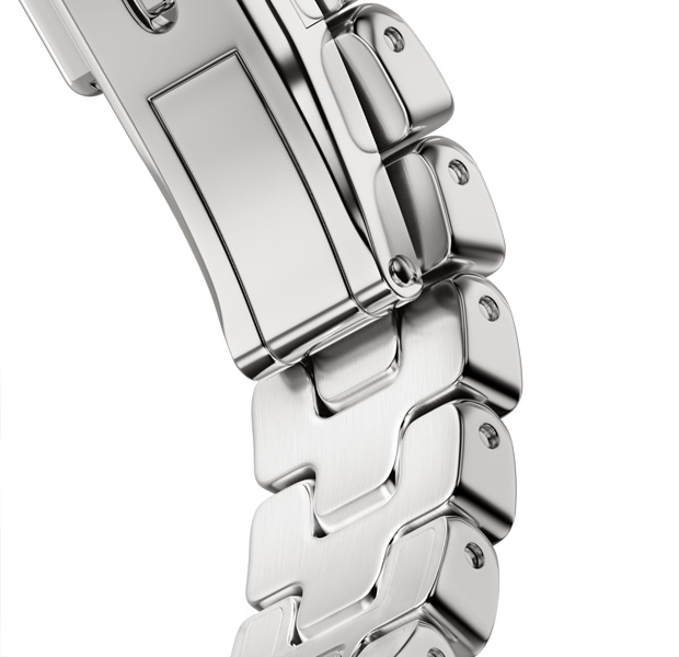 Apple Watch Hermès Series 12 Grand H band detail, satiné color, quick-release metal buckle