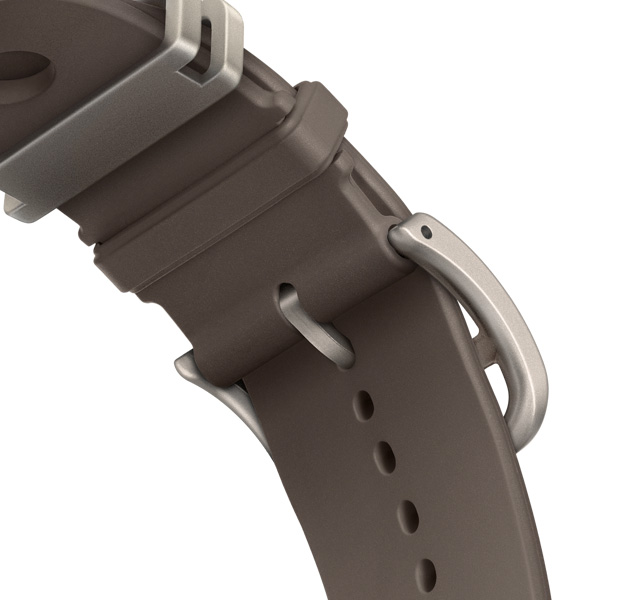 Apple Watch Hermès Ultra 4 Scub'H Diving band, Gris Titane color (gray), underside of clasp detail, smooth molded rubber material, circular cutouts centered