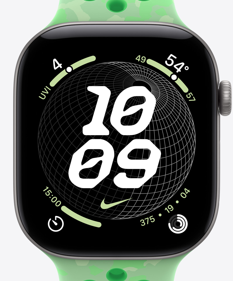 Nike Globe watch face, time, Nike Swoosh logo, complications: UV index, weather, timer, Activity Rings