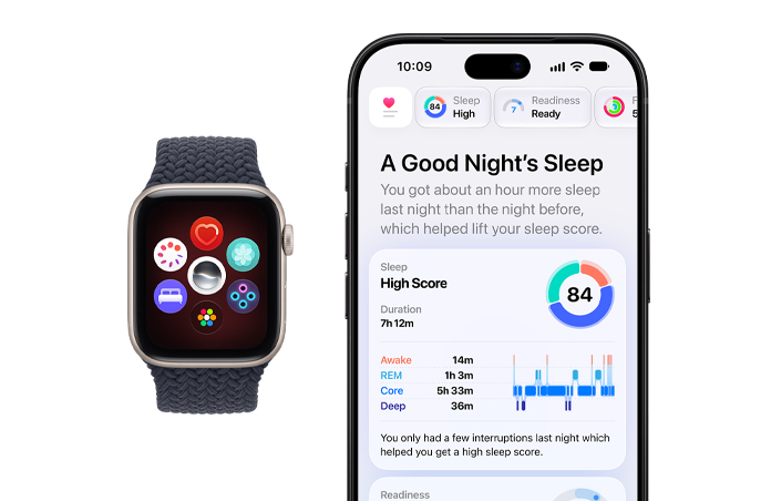 Apple Watch SE 3, screen shows health icons, aluminum case, starlight color, right side exterior, Digital Crown dial, connected to Braided Solo Loop band, navy blue color, paired with iPhone device, screen shows sleep score