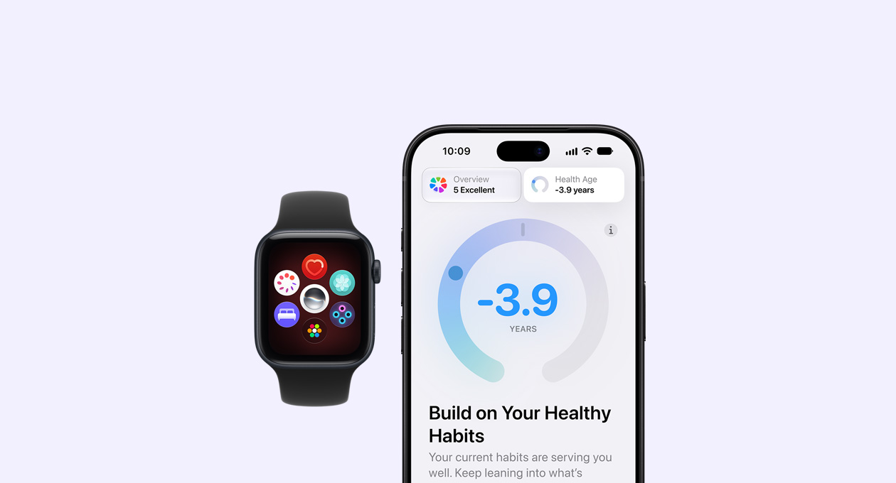 Apple Watch SE 3, screen shows health icons, aluminum case, midnight color, connected to Sport Band, black color, paired with iPhone showing Health app