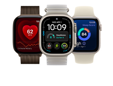 Three Apple Watch devices: Apple Watch Series 12, aluminum case, dark bronze color, Heart Rate app, dark bronze color Milanese Loop band, Apple Watch Ultra 4, titanium case, natural color, Modular watch face with readiness, heart rate, Workouts, and UV Index complications, right side exterior, Digital Crown, raised side button, translucent gray color Ocean Band, Apple Watch SE 3, aluminum case, starlight color, sleep score, right side exterior, Digital Crown, sand color Sport Band