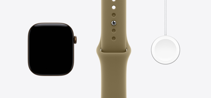 Apple Watch Series 12, aluminum case, dark bronze color, front exterior, edge-to-edge display, olive Sport Band, Apple Watch Magnetic Fast Charger to USB-C Cable