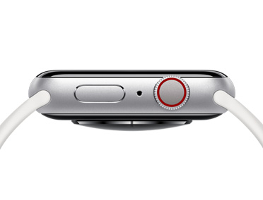 Sølvfarvet Apple Watch med sideknap, mikrofonhul og Digital Crown i højre side