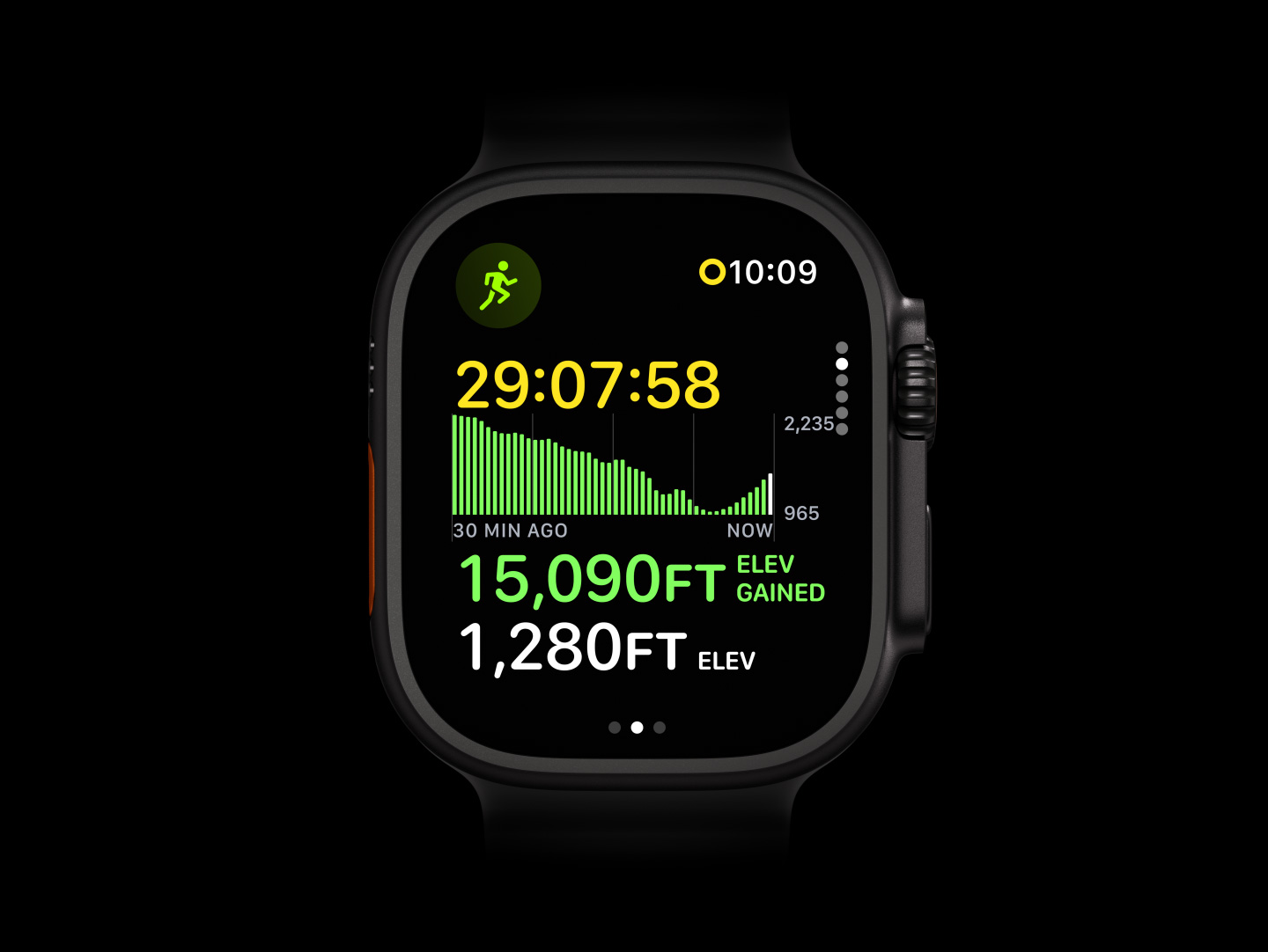 Apple Watch Ultra 4, titanium case, black color, Outdoor Run Workout showing a graph of elevation gained, right side exterior, Digital Crown, raised side button, translucent gray Ocean Band