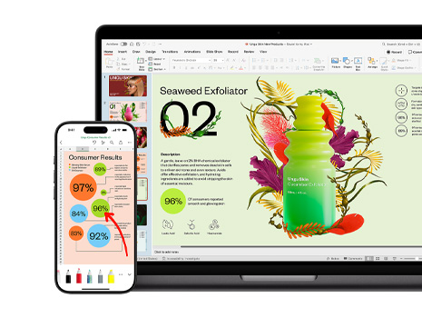 Ein Mac und ein iPhone zeigen verschiedene Abschnitte einer beeindruckenden und farbigen Präsentation über ein Hautpflegeprodukt.