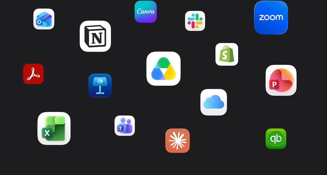 Ikon berbagai aplikasi tersebar di latar belakang gelap: Microsoft Teams, Microsoft Excel, Canva, Shopify, Microsoft Powerpoint, Claude, Zoom, Notion, Keynote, Slack, Salesforce, Quickbooks, Google Drive, Acrobat Reader, Microsoft Outlook